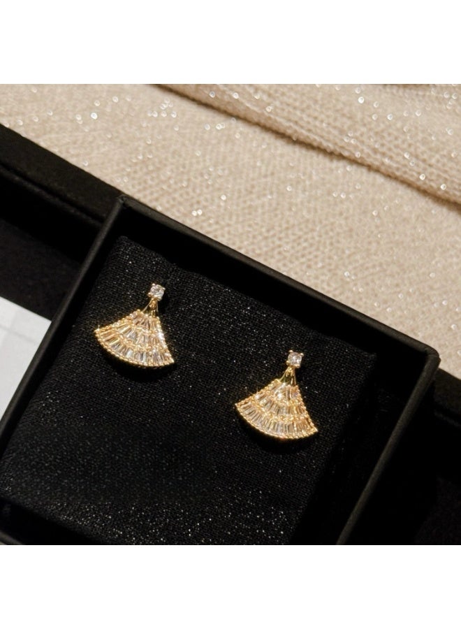 سيلسي أقراط Sellcy الفاخرة المطلية بالذهب على شكل مروحة، مرصعة بالزركونيا المتلألئة، تصميم نسائي - Image 1